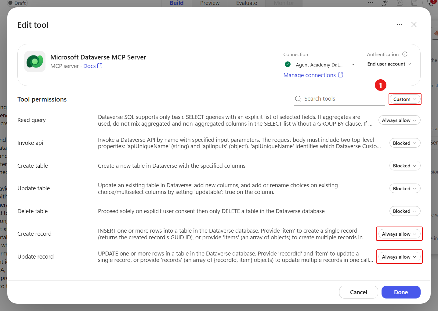 Restricted Dataverse MCP action selection