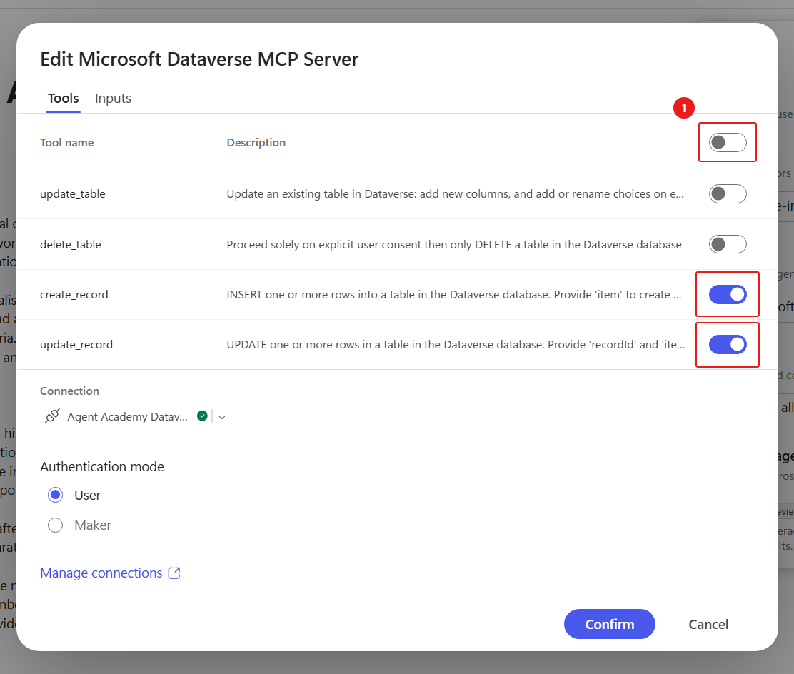 Restricted Dataverse MCP action selection