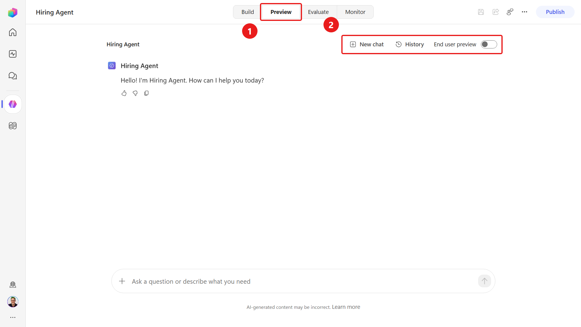 Hiring Agent Preview session controls