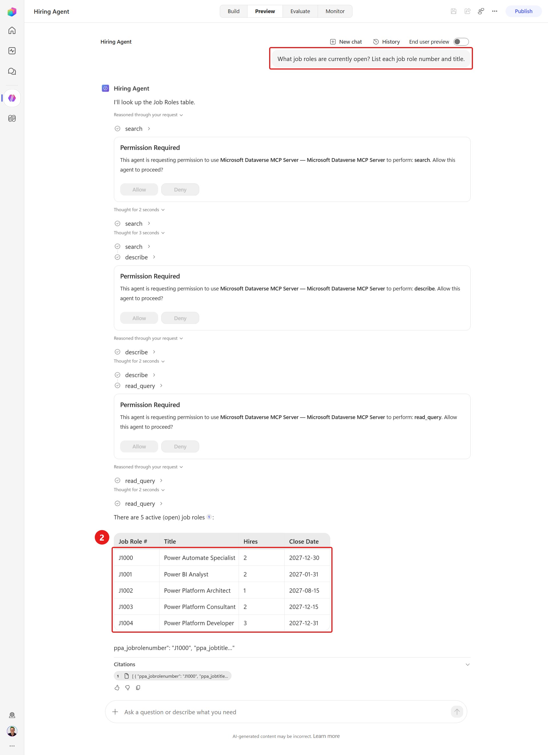 Five job roles returned from Dataverse