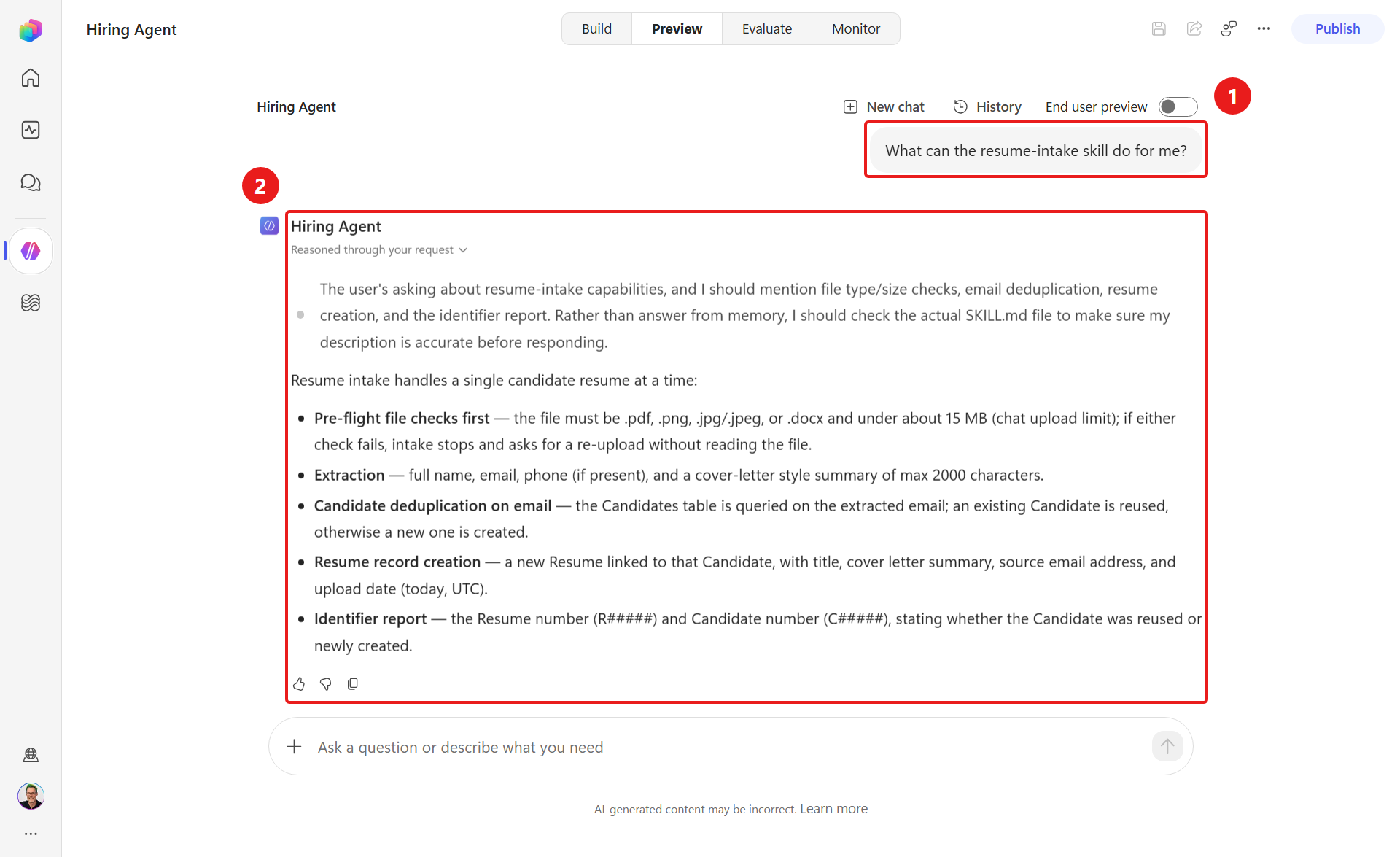 Hiring Agent explains the resume-intake skill
