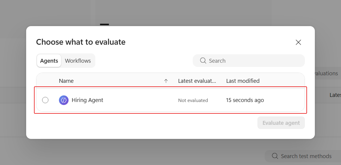 Hiring Agent row in the evaluation chooser