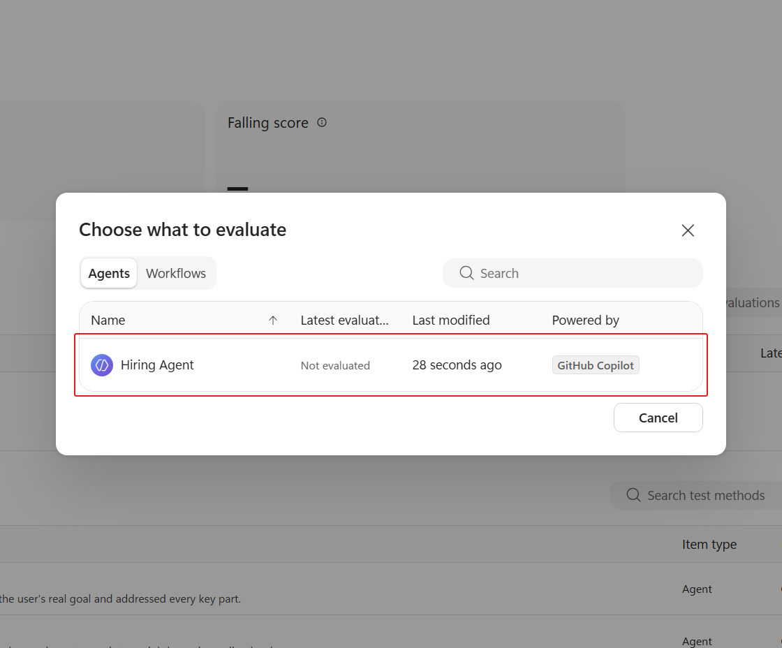 Hiring Agent row in the evaluation chooser