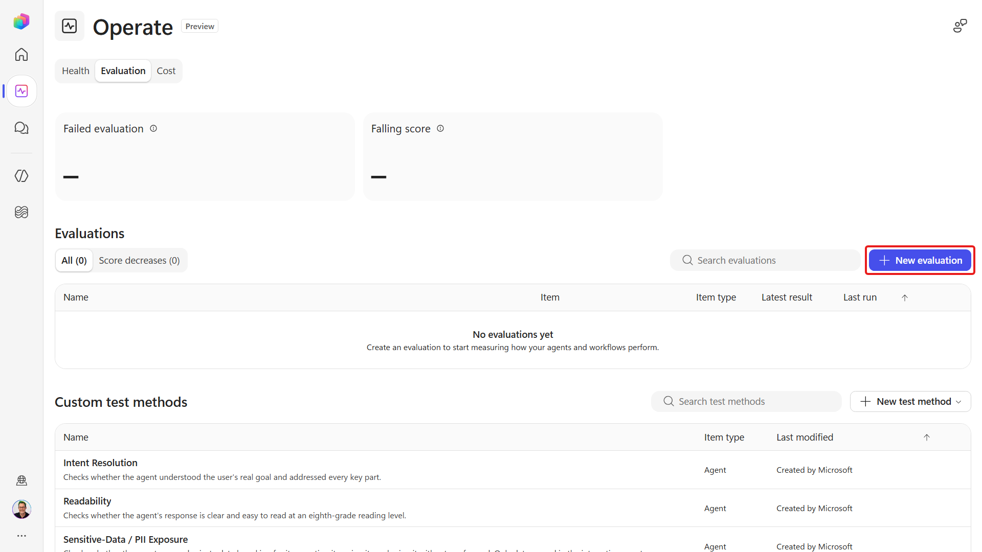 Operate Evaluation page with New evaluation highlighted