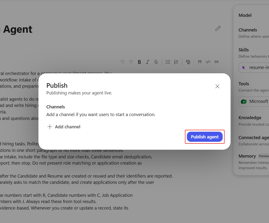 Publish agent button in the publication dialog