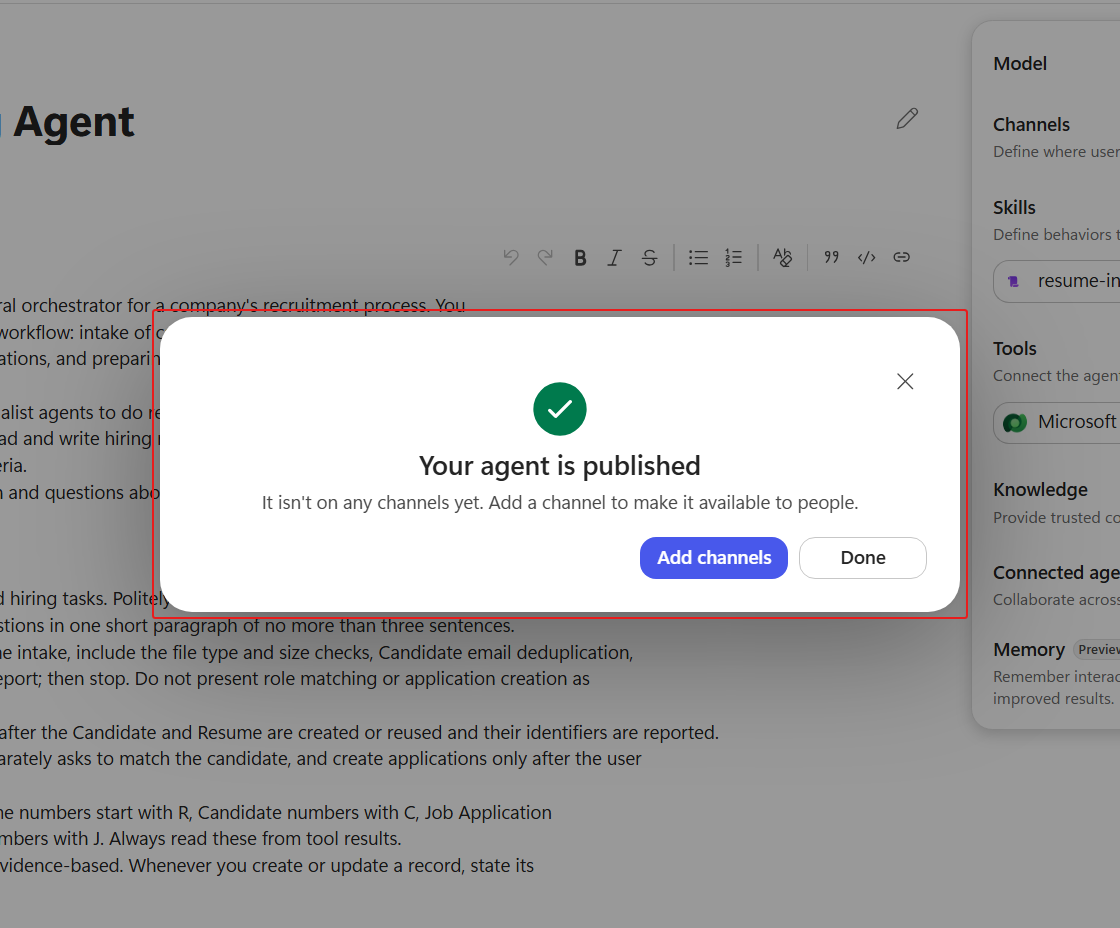 Hiring Agent publication success dialog after completion