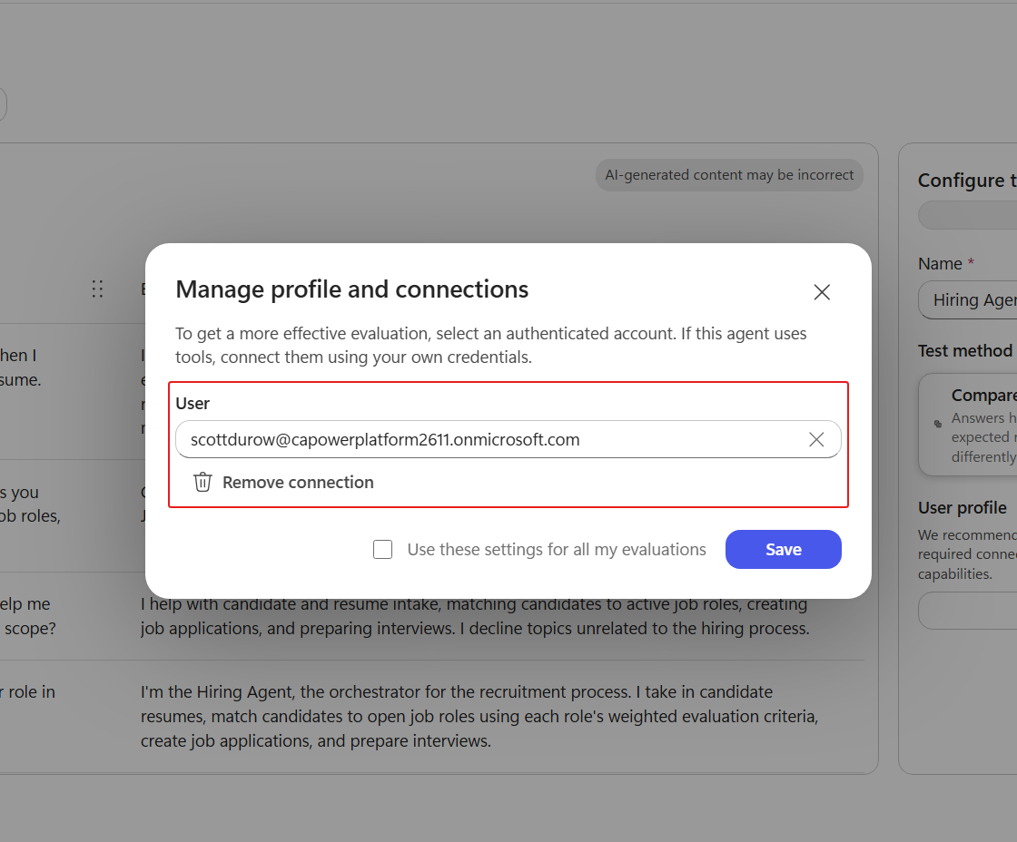 Connected account selected for the evaluation profile