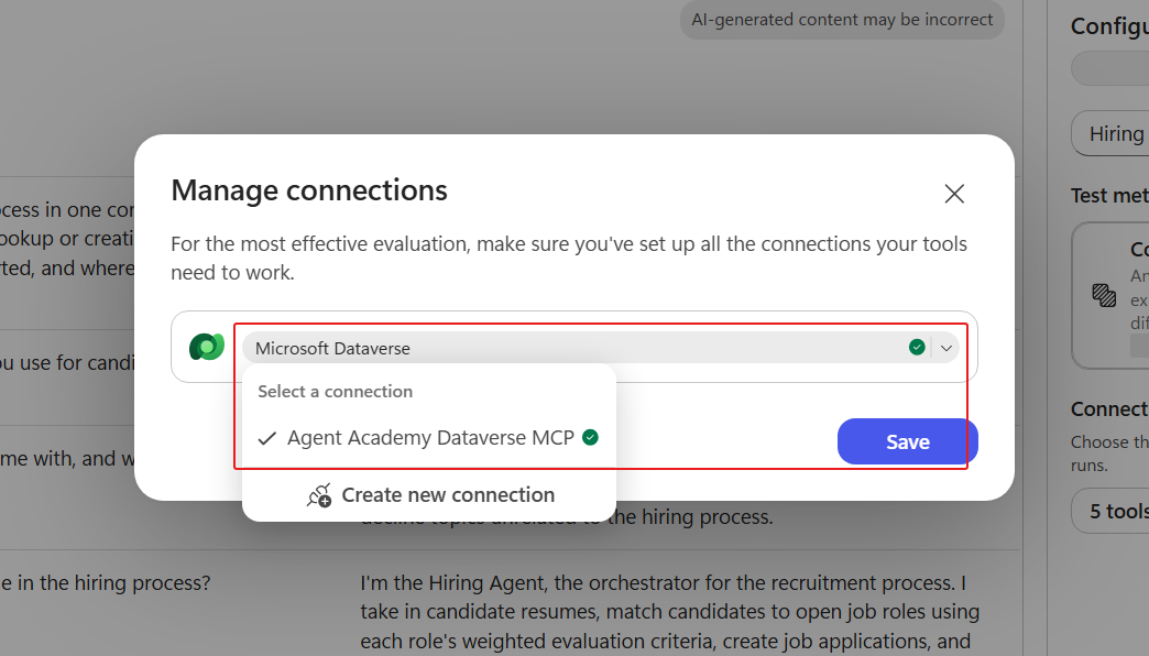Dataverse connection selected for the evaluation tools