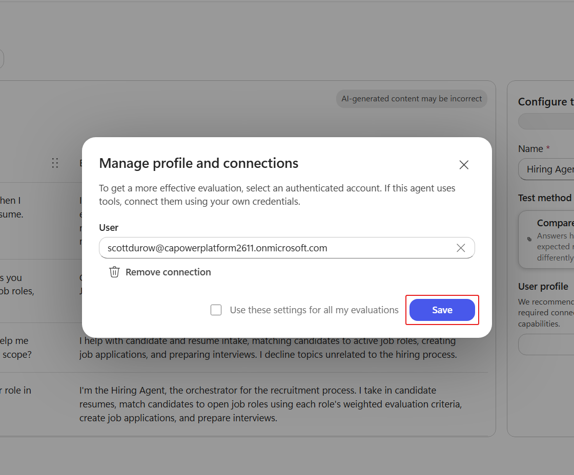 Connected evaluation profile ready to save