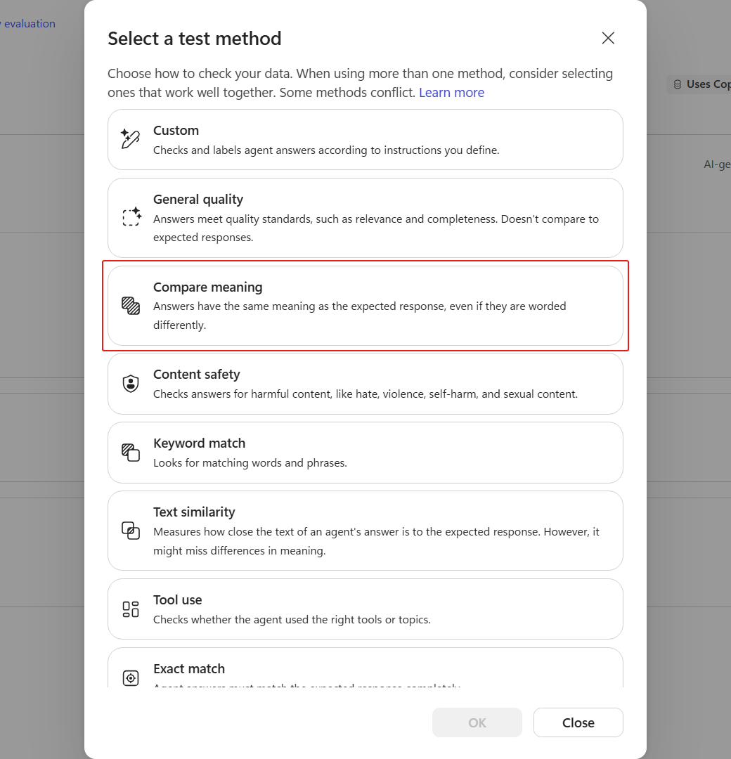 Test method picker with Compare meaning