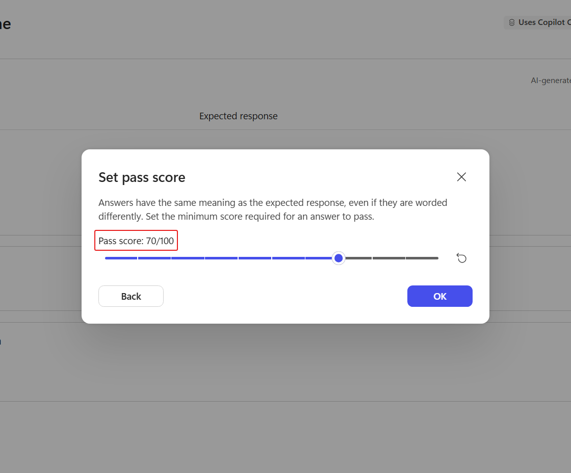 Compare meaning pass score set to 70
