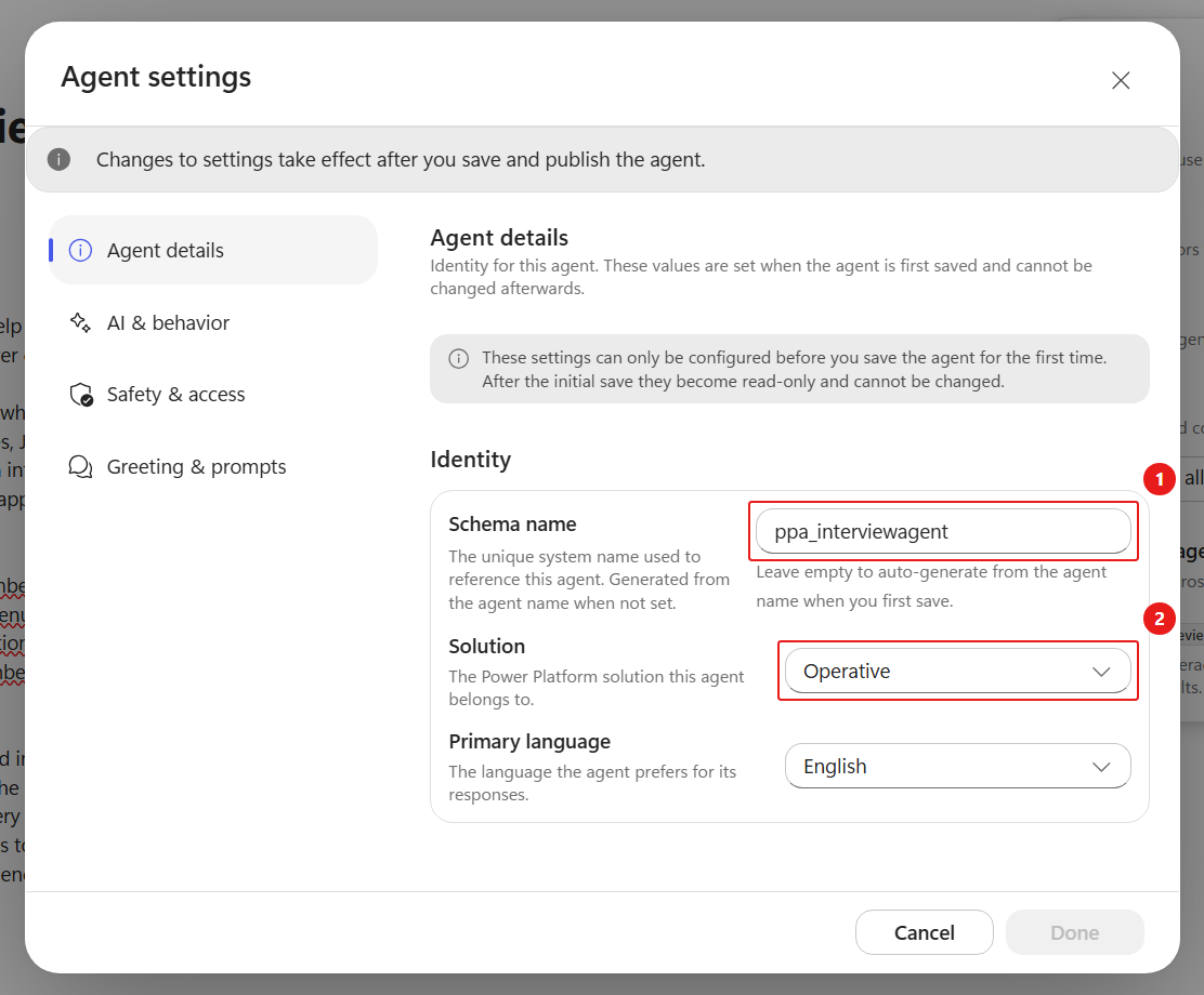 Interview Agent schema and solution settings