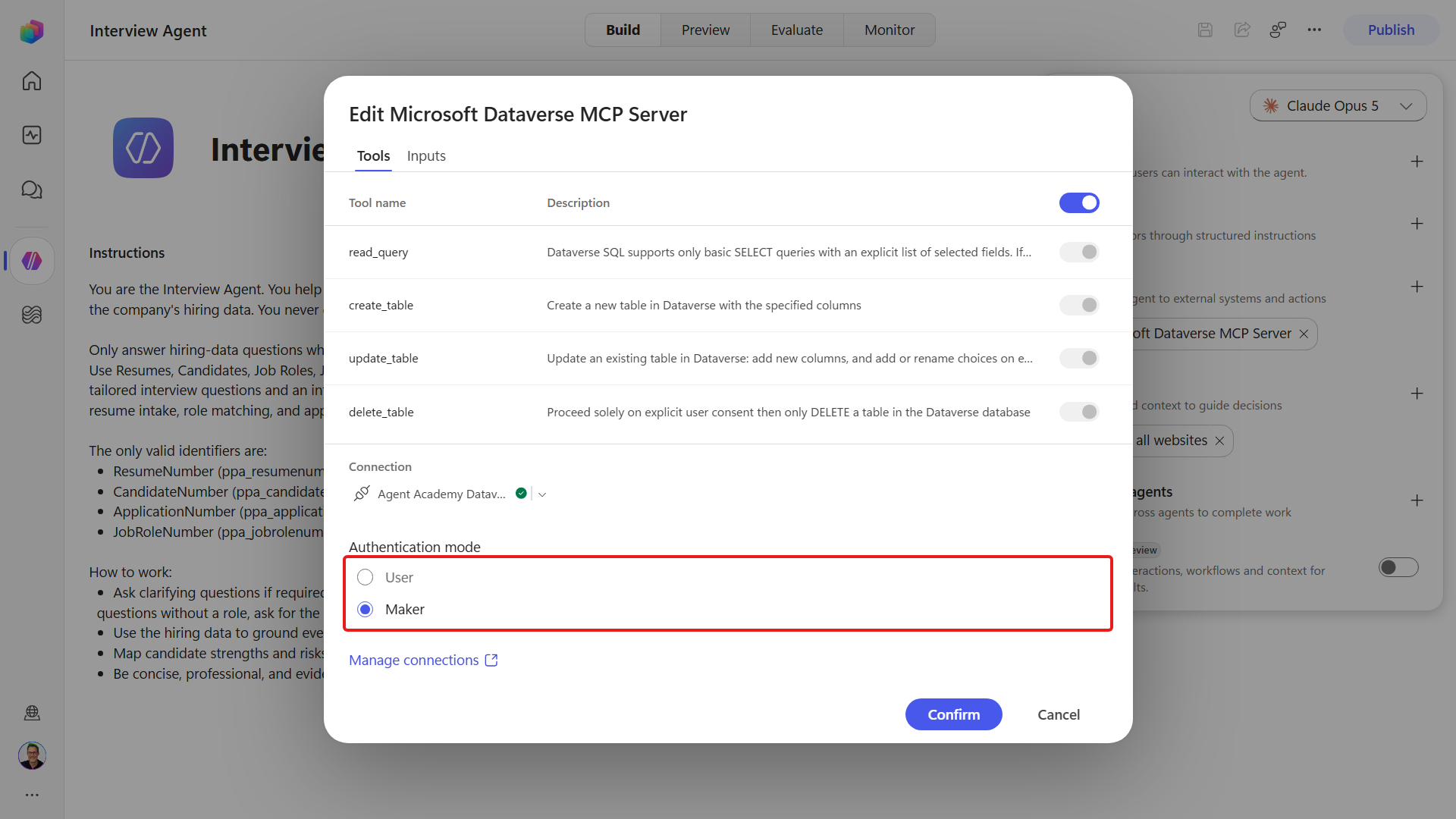 Dataverse MCP server with Maker authentication selected