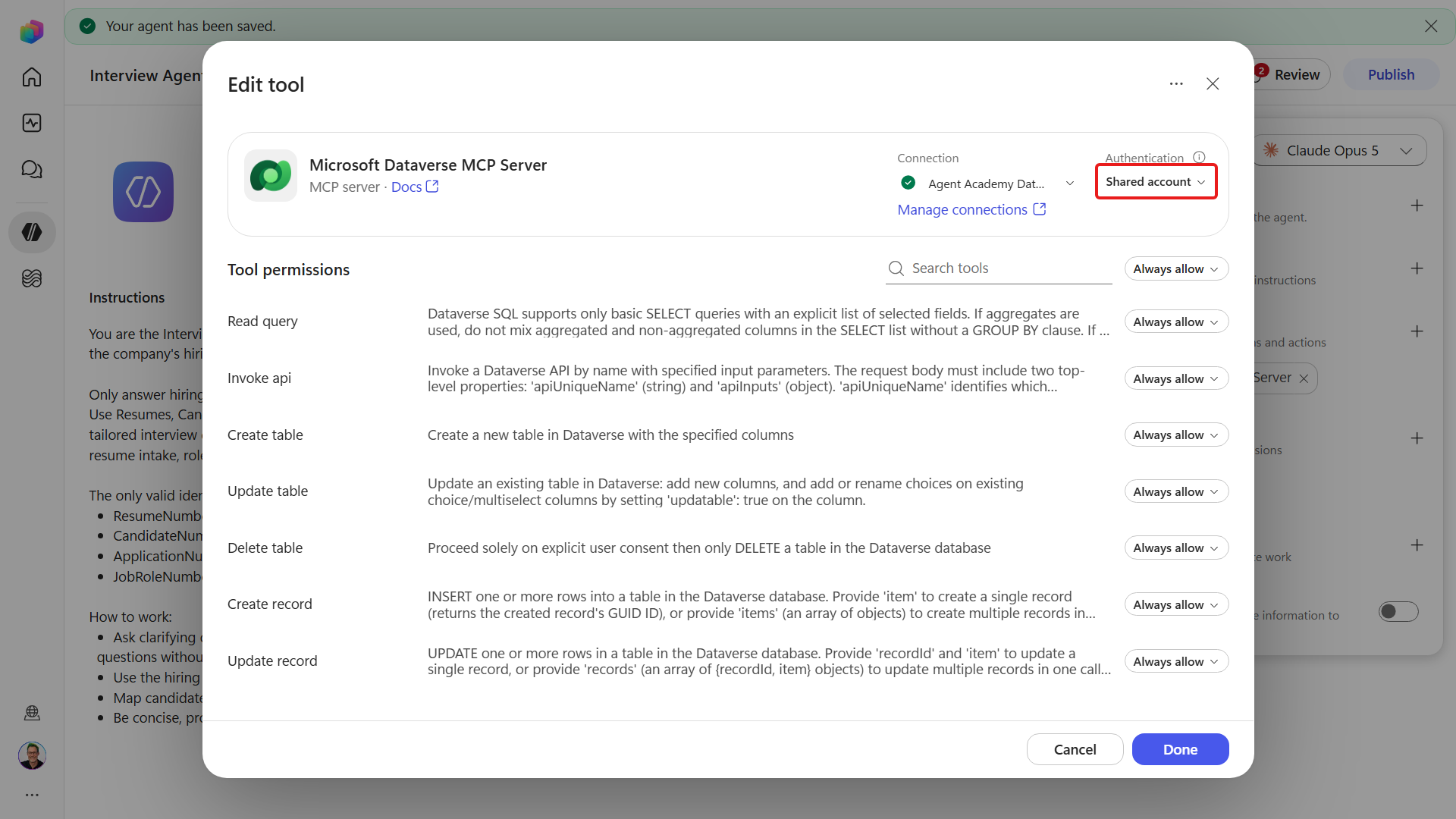 Dataverse MCP server with Maker authentication selected