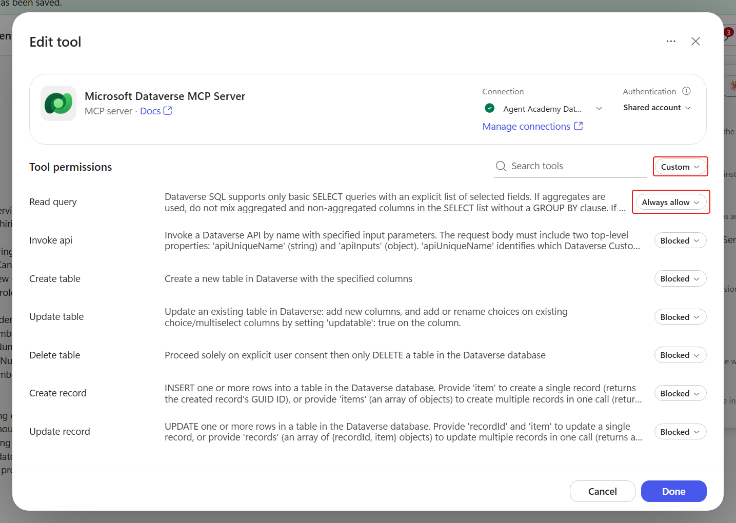 Dataverse MCP restricted to three read actions