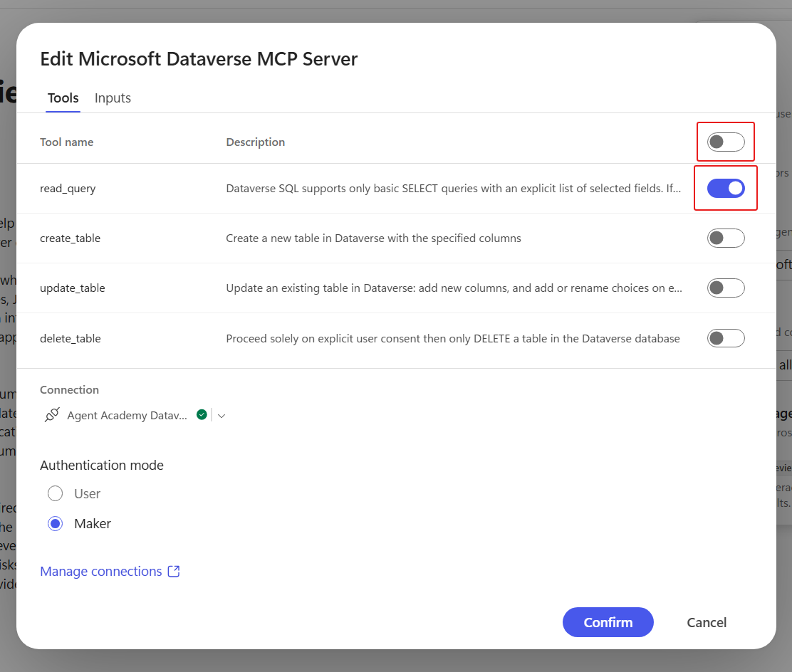 Dataverse MCP restricted to three read actions