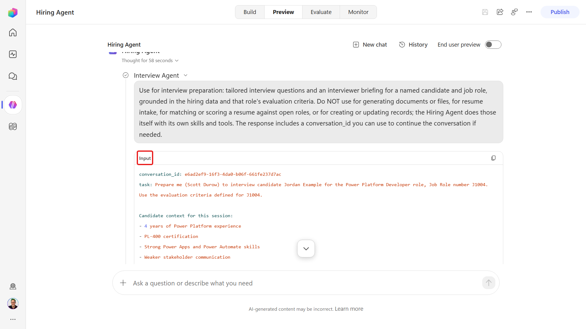 Hiring Agent delegation trace for Interview Agent