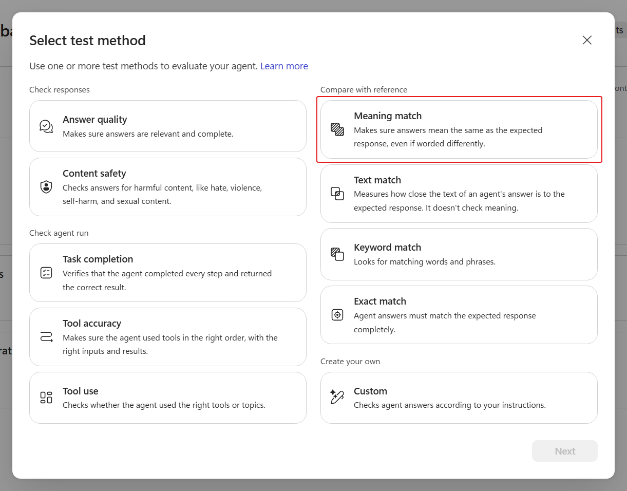 Test-method picker with Compare meaning