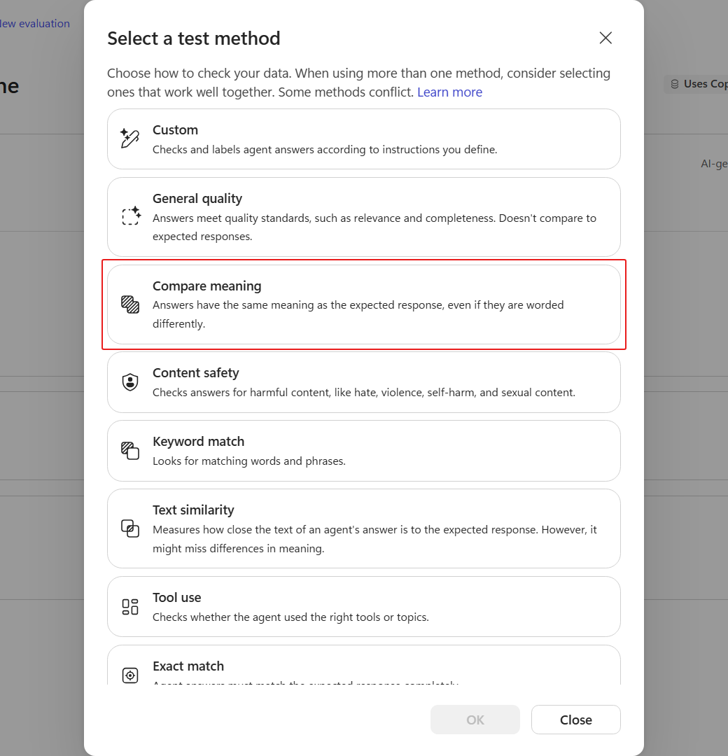 Test-method picker with Compare meaning
