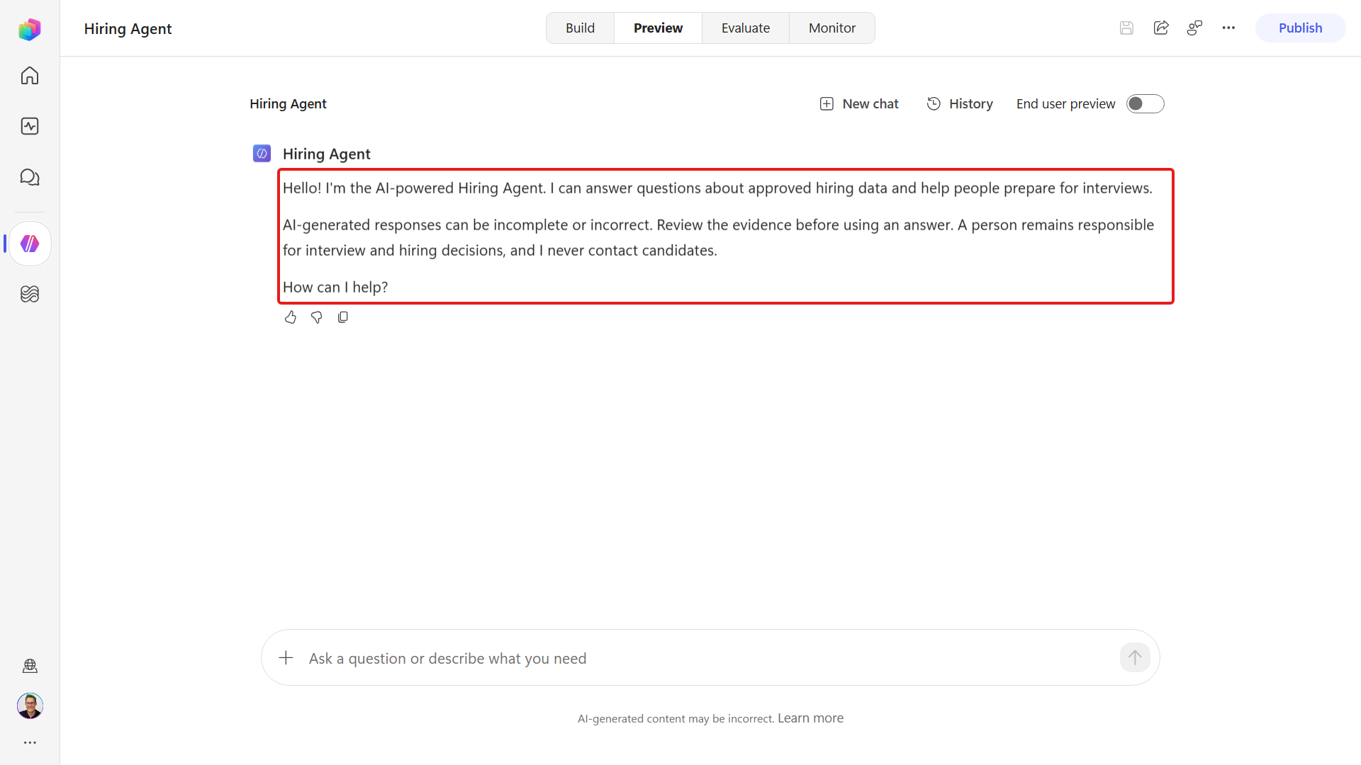 AI disclosure visible in a new conversation