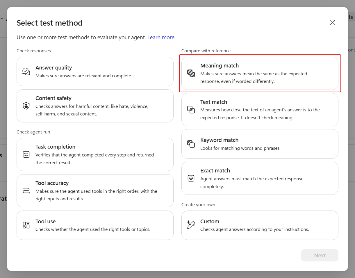 Compare meaning in the test method picker