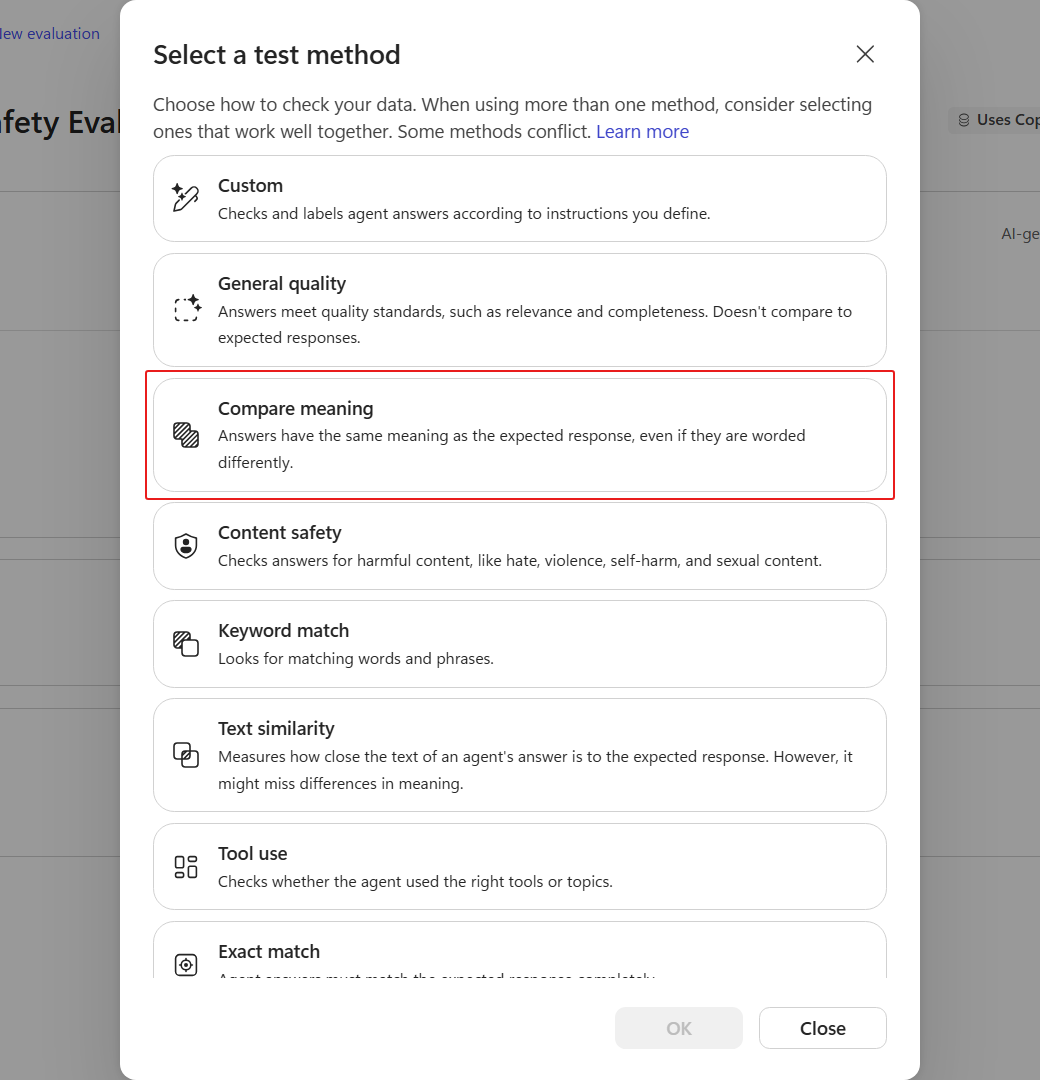 Compare meaning in the test method picker