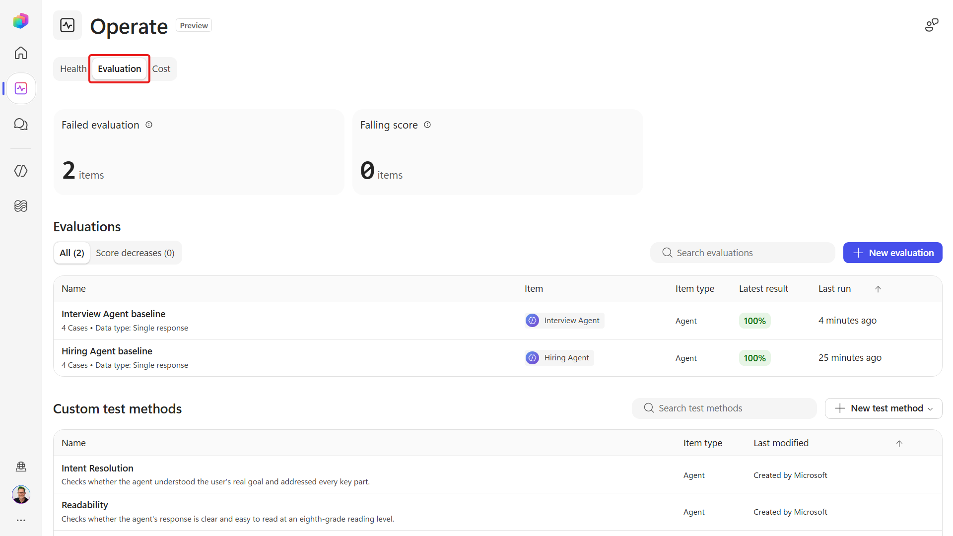 Evaluation tab on the Operate dashboard
