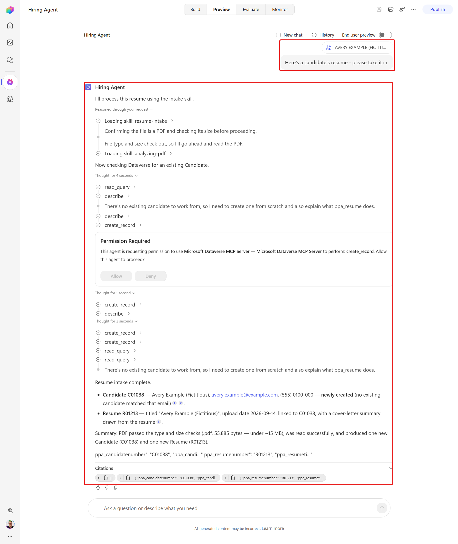 Hiring Agent reports the linked Candidate and Resume