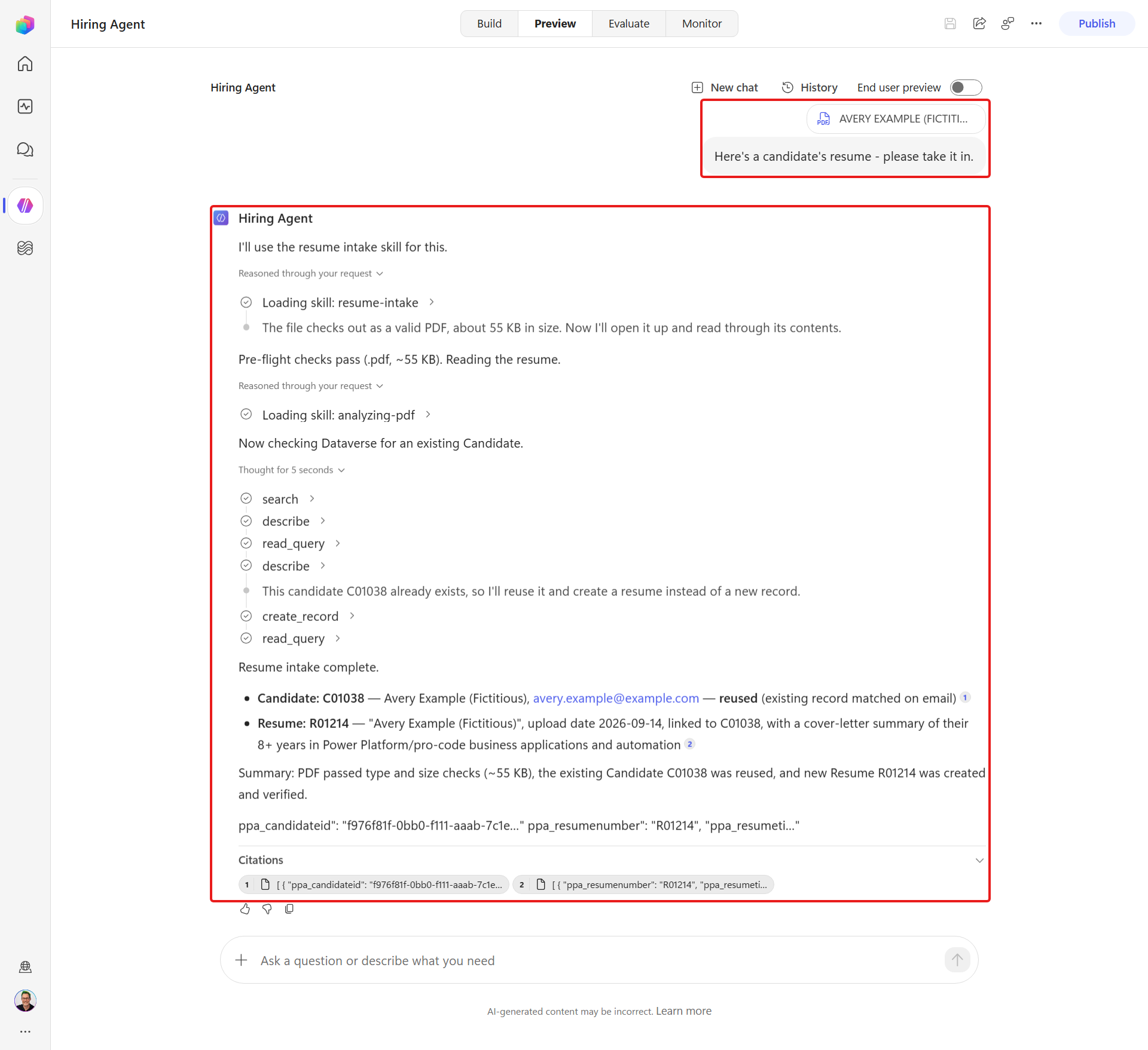 Hiring Agent reuses Avery's Candidate and creates a new Resume