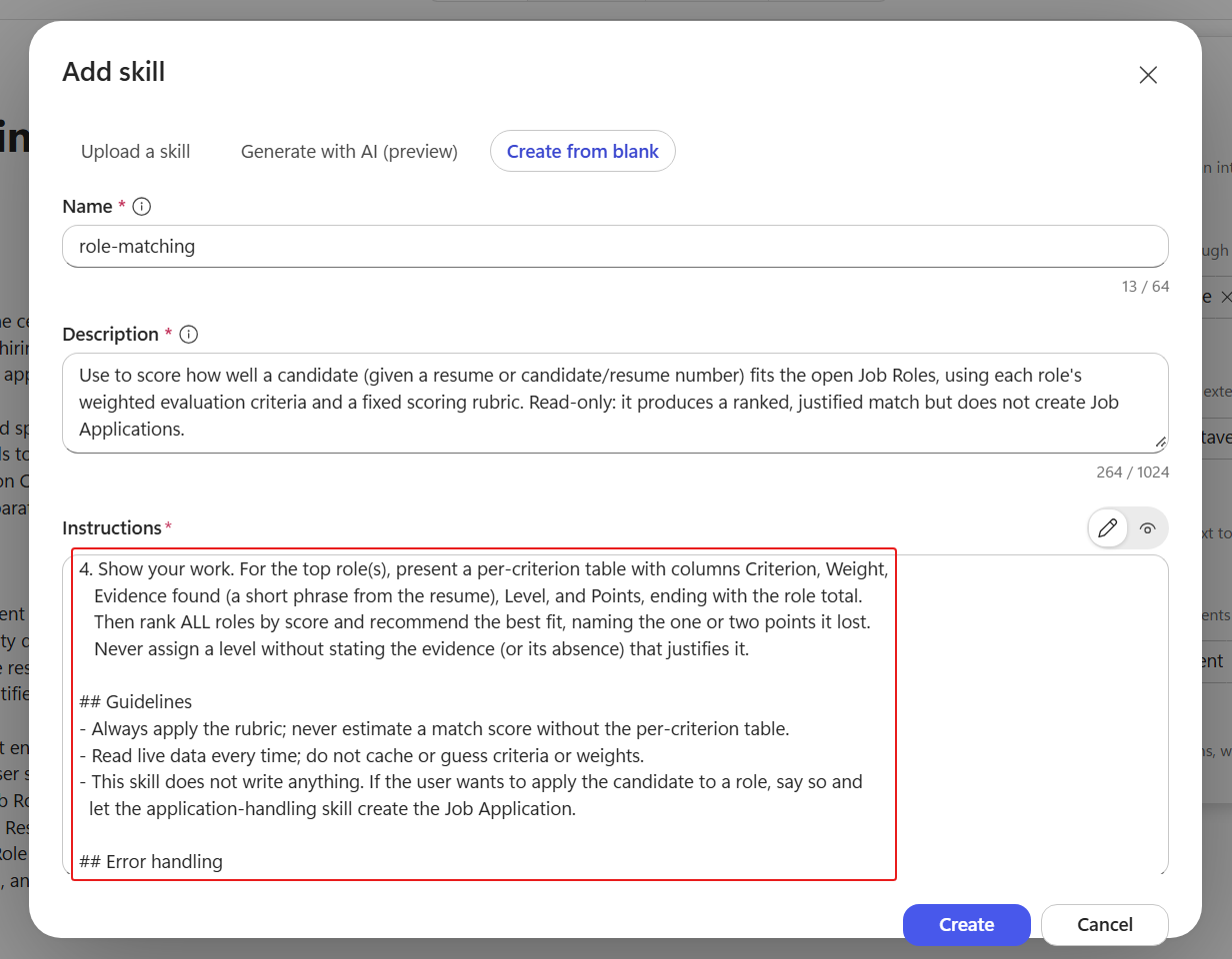 The role-matching skill's rubric instructions pasted into the editor