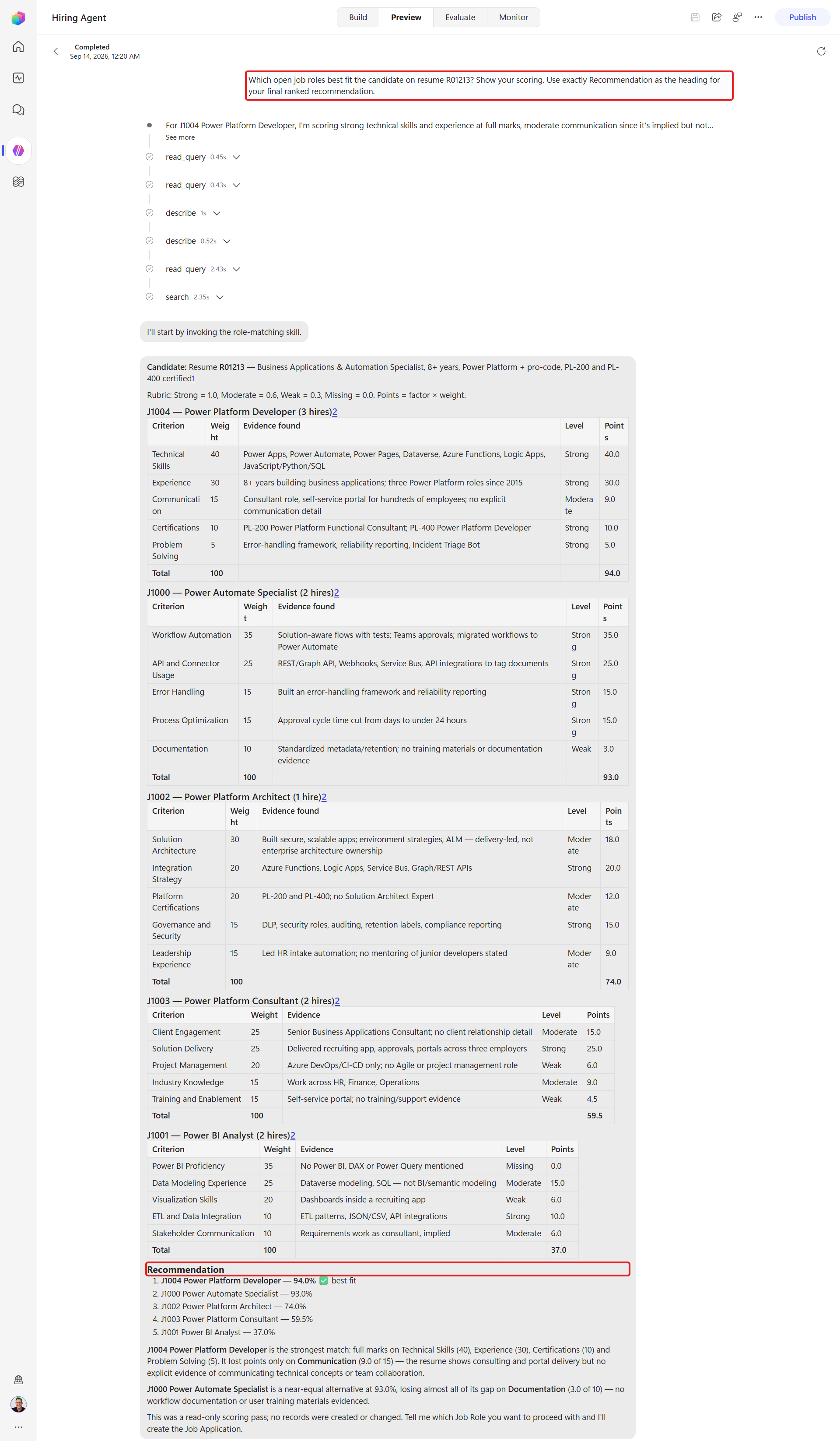 Rubric match with weighted criteria and ranking