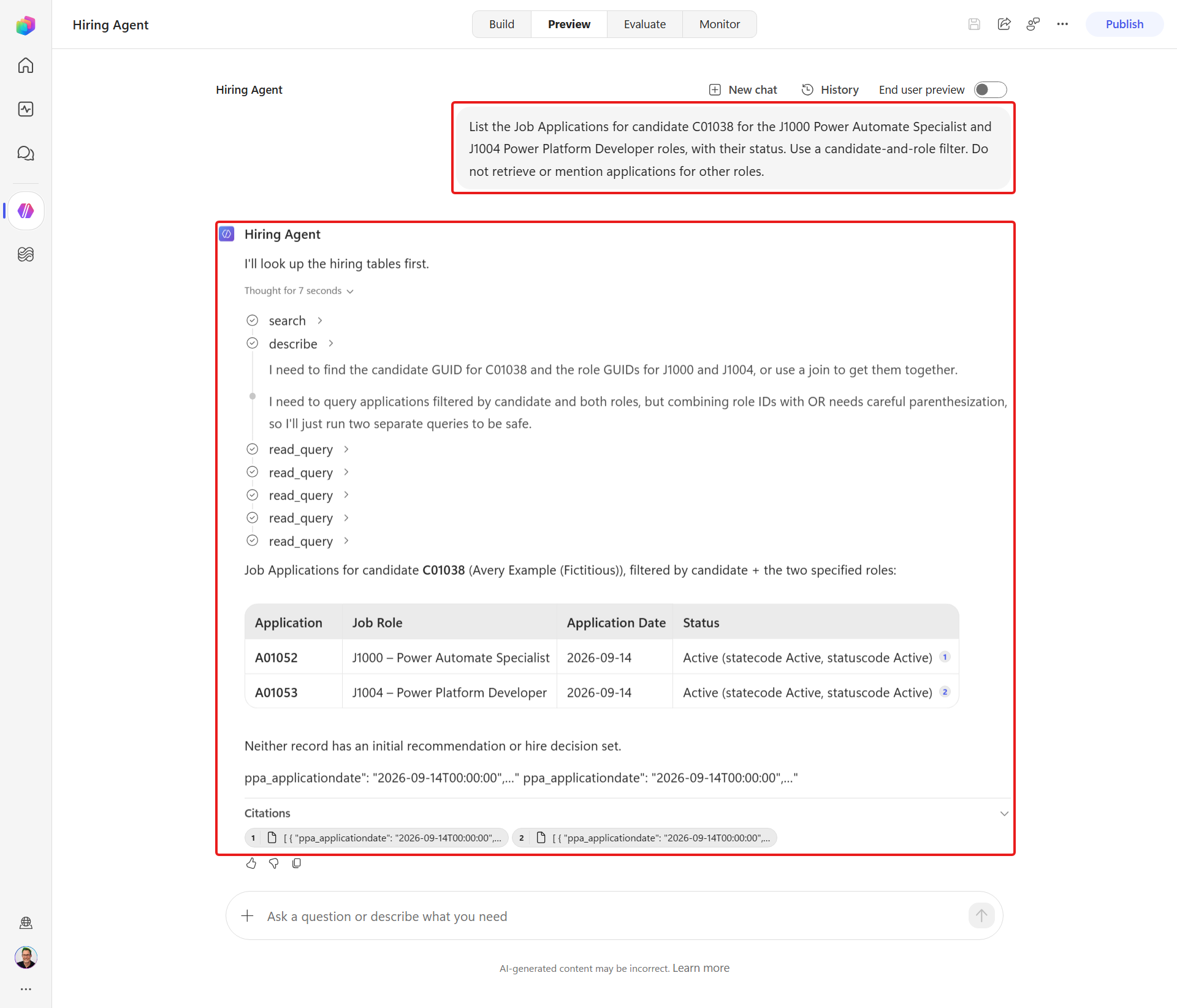 Hiring Agent lists Avery's two saved applications