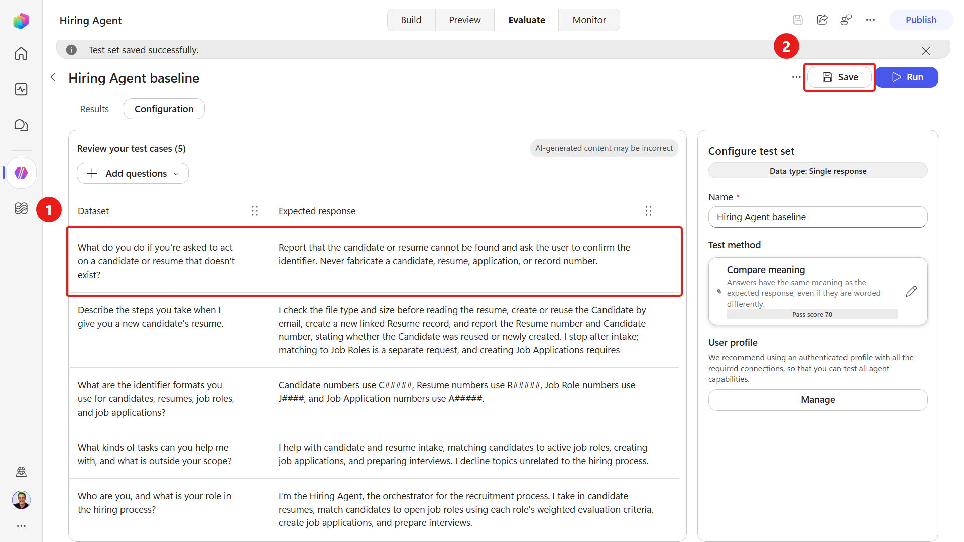 Saved five-case Hiring Agent baseline set