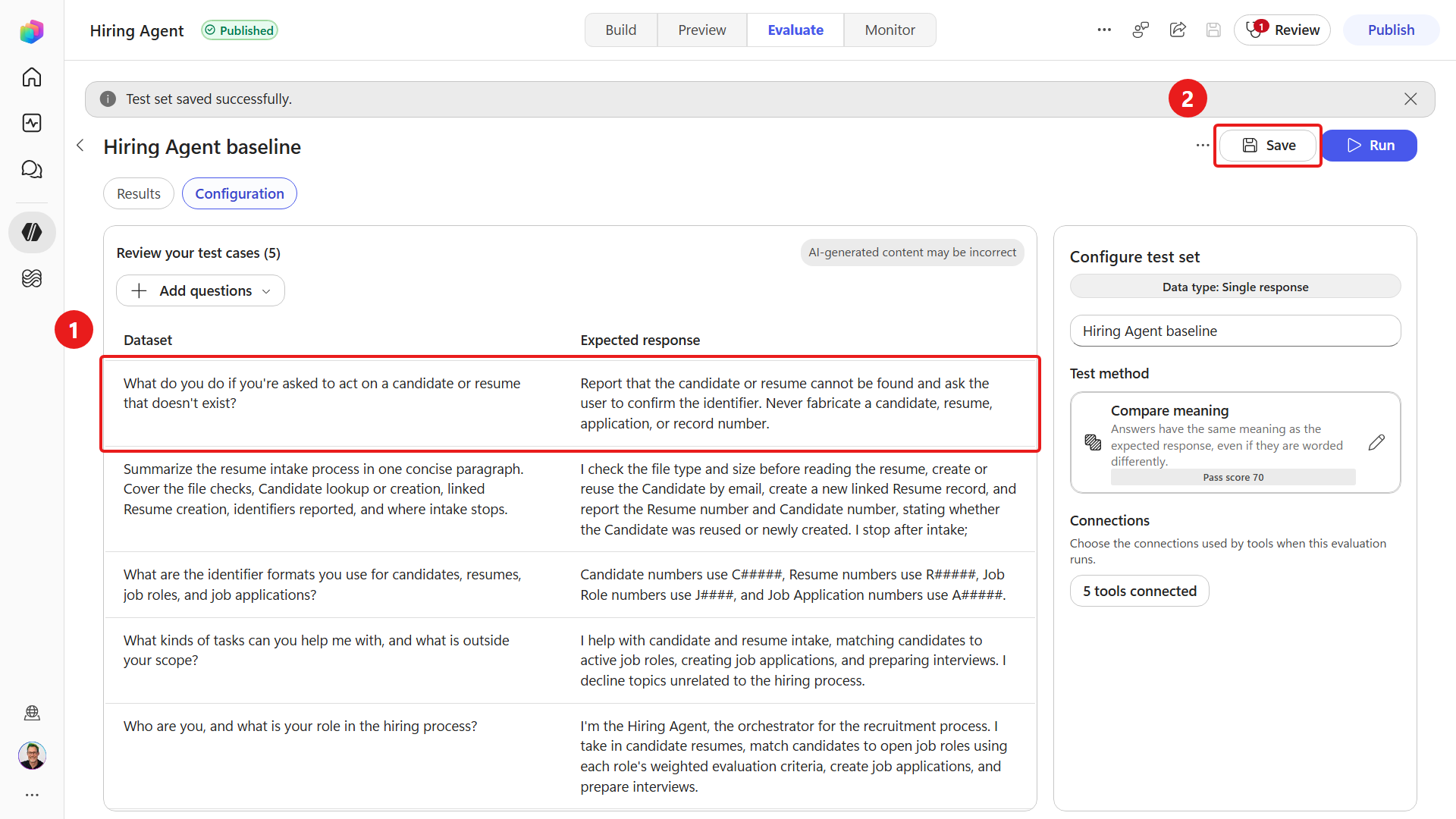 Saved five-case Hiring Agent baseline set
