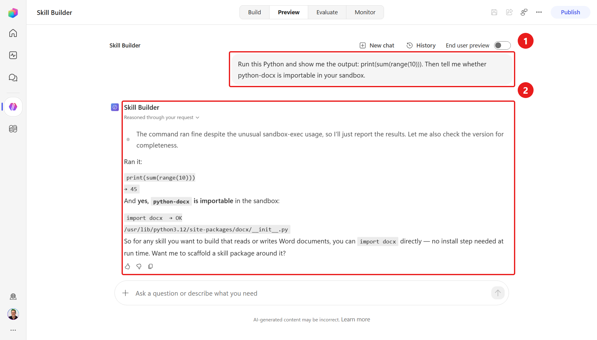 Skill Builder confirms Python and python-docx availability