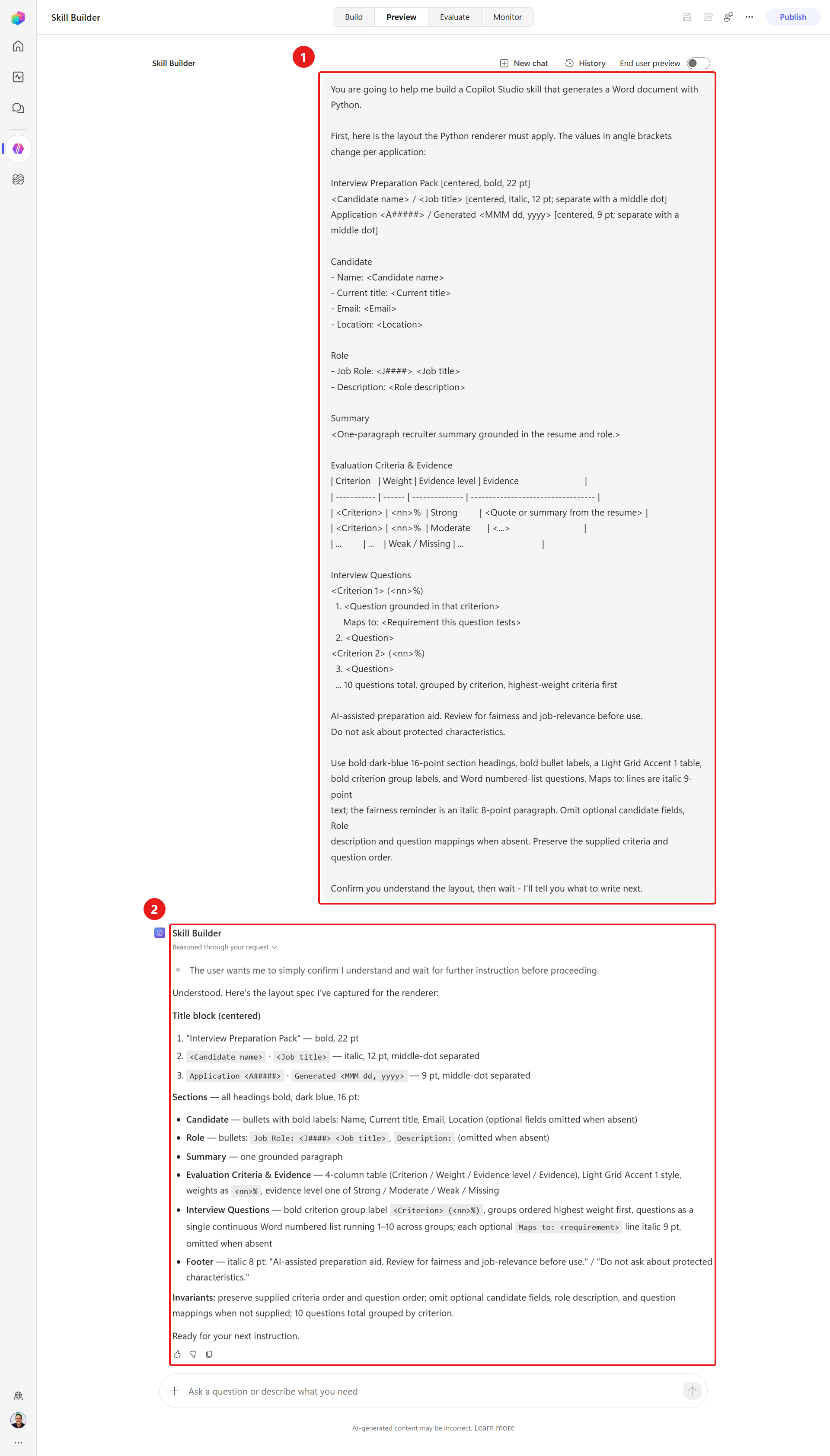 The builder agent confirming it understands the document template
