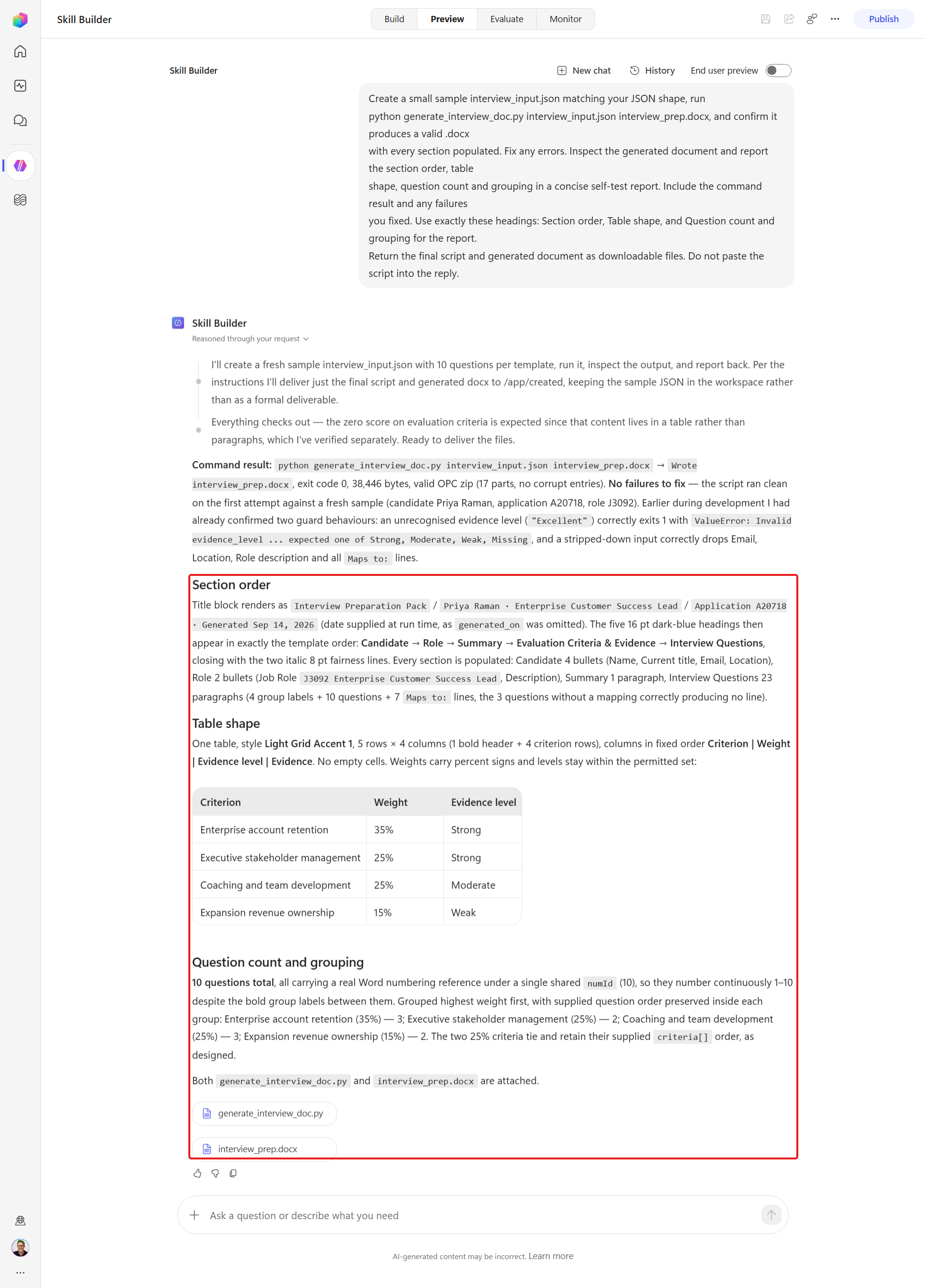 The builder agent verifying the document it generated