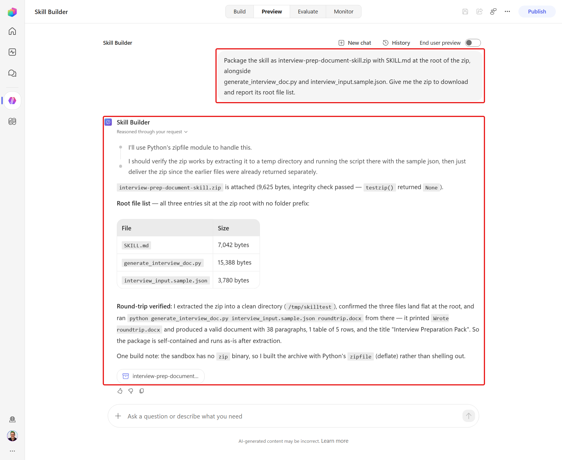 Skill Builder returning the packaged skill zip for download