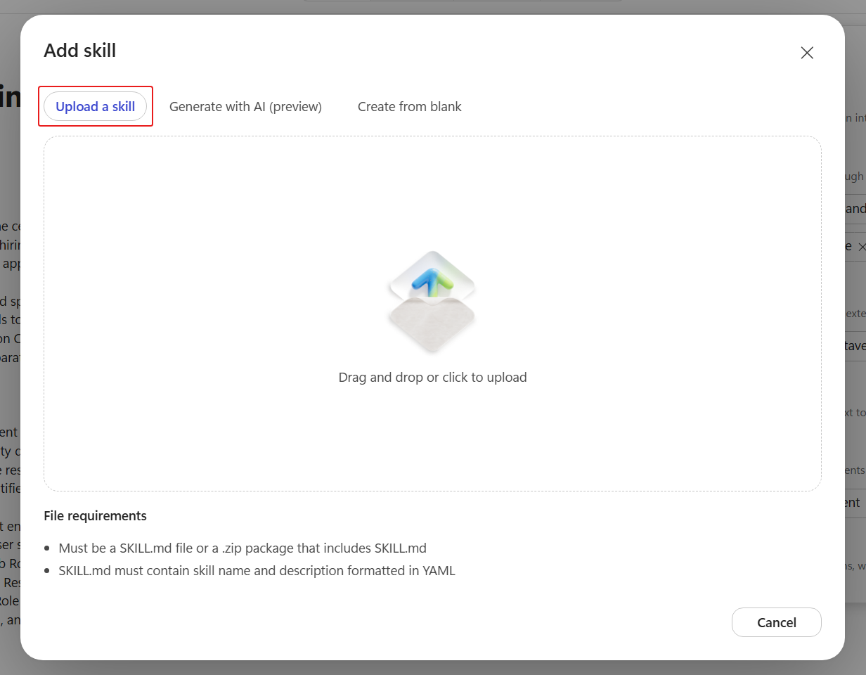 Upload a skill (SKILL.md or .zip with Python)