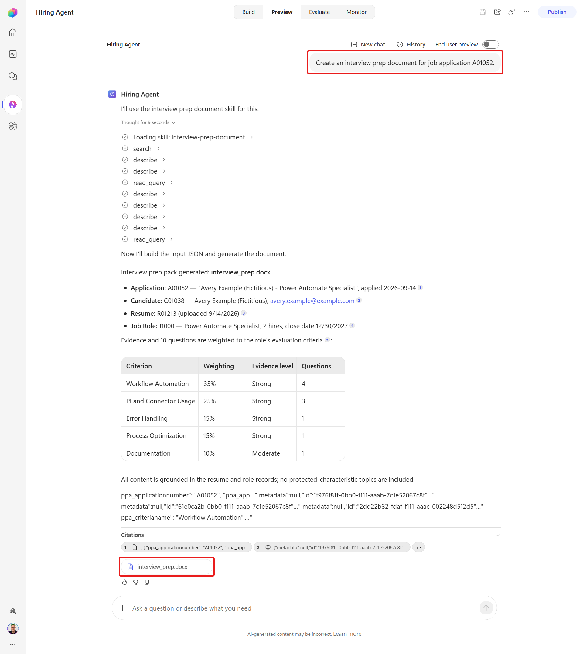 The generated interview_prep.docx attachment available to download from Preview