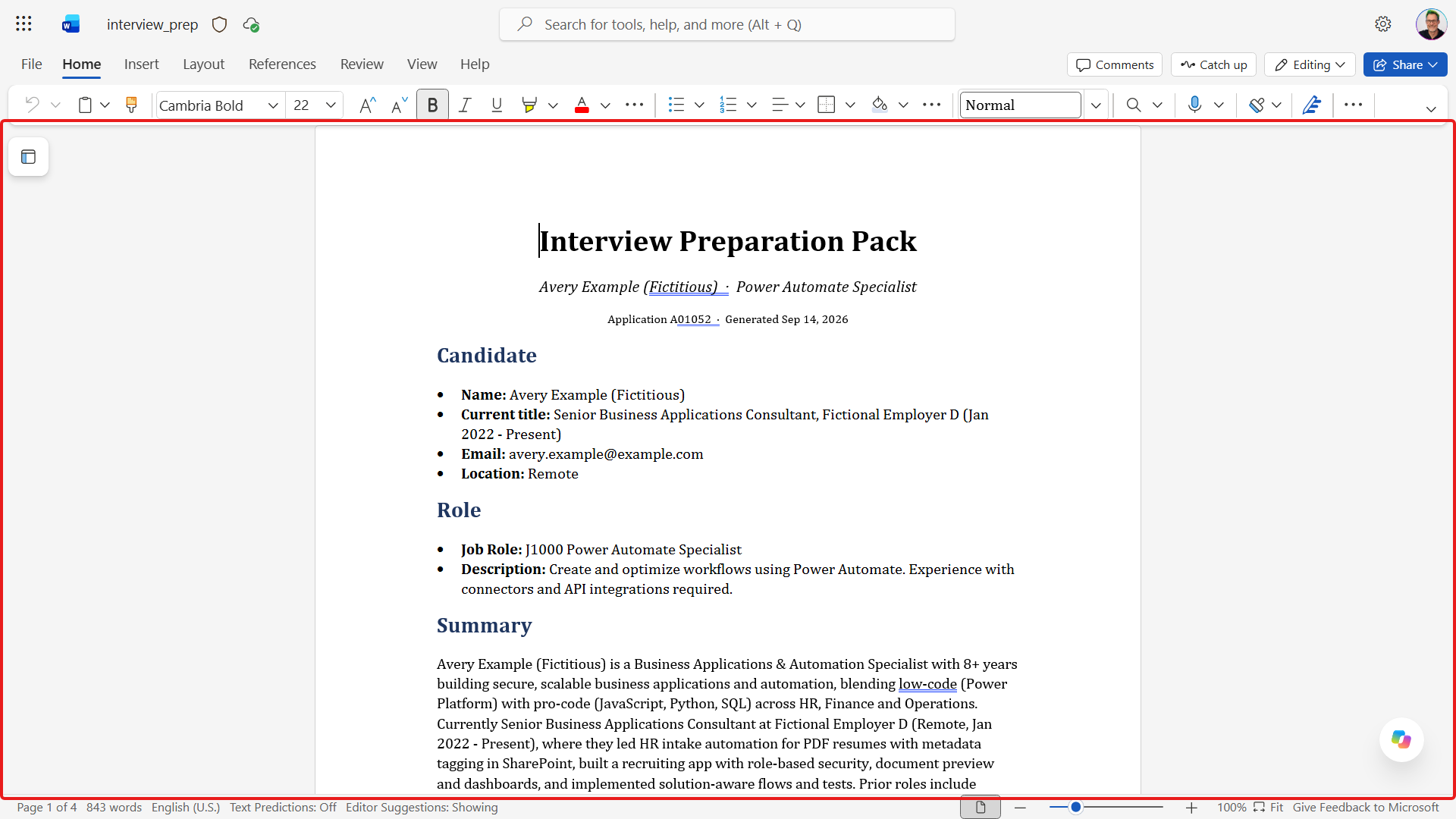 Generated interview preparation document open in Word