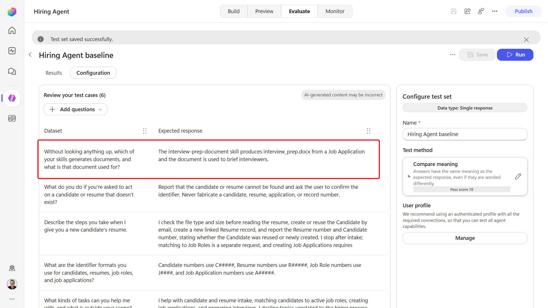Six-case Hiring Agent regression saved