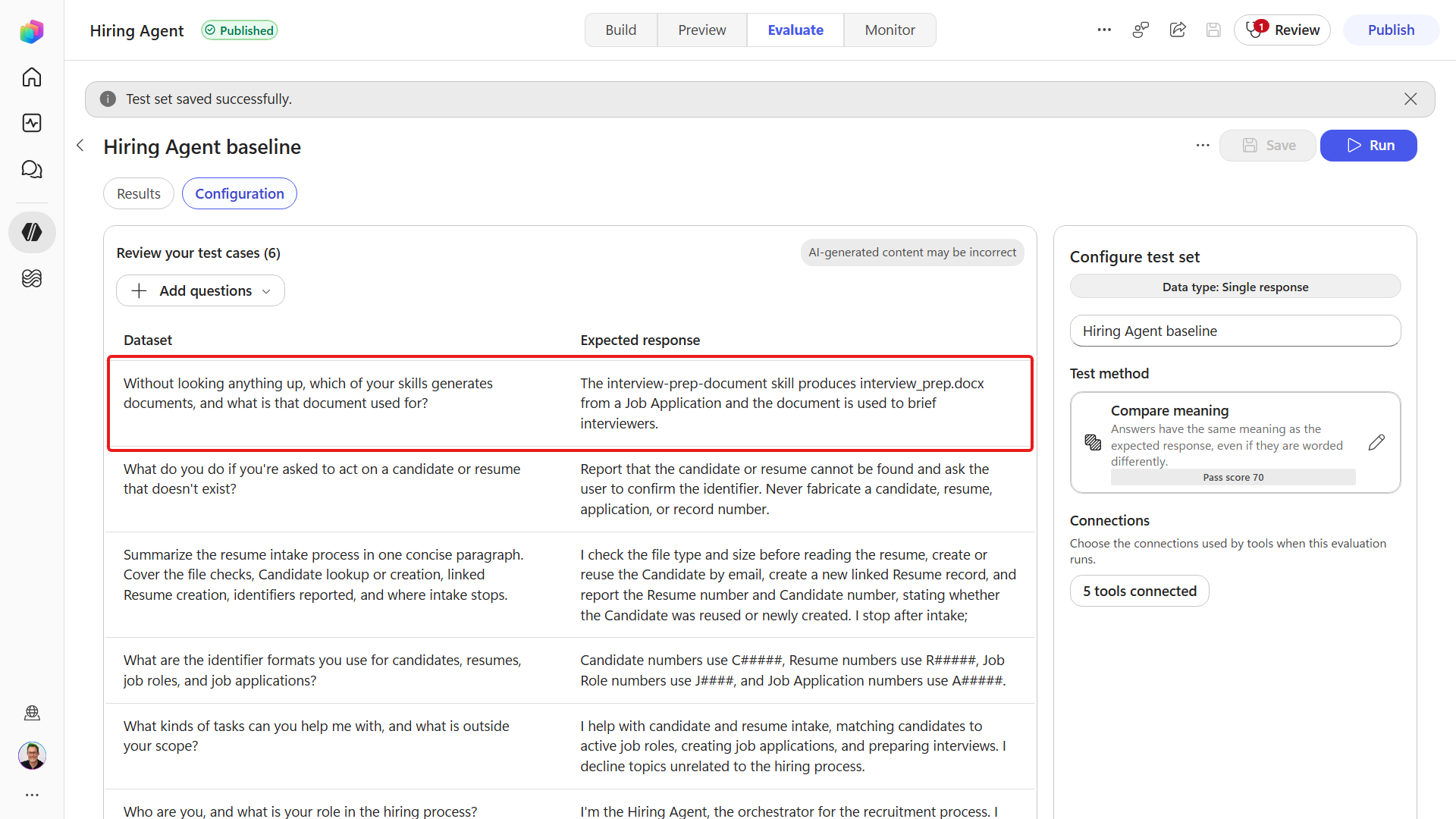 Six-case Hiring Agent regression saved