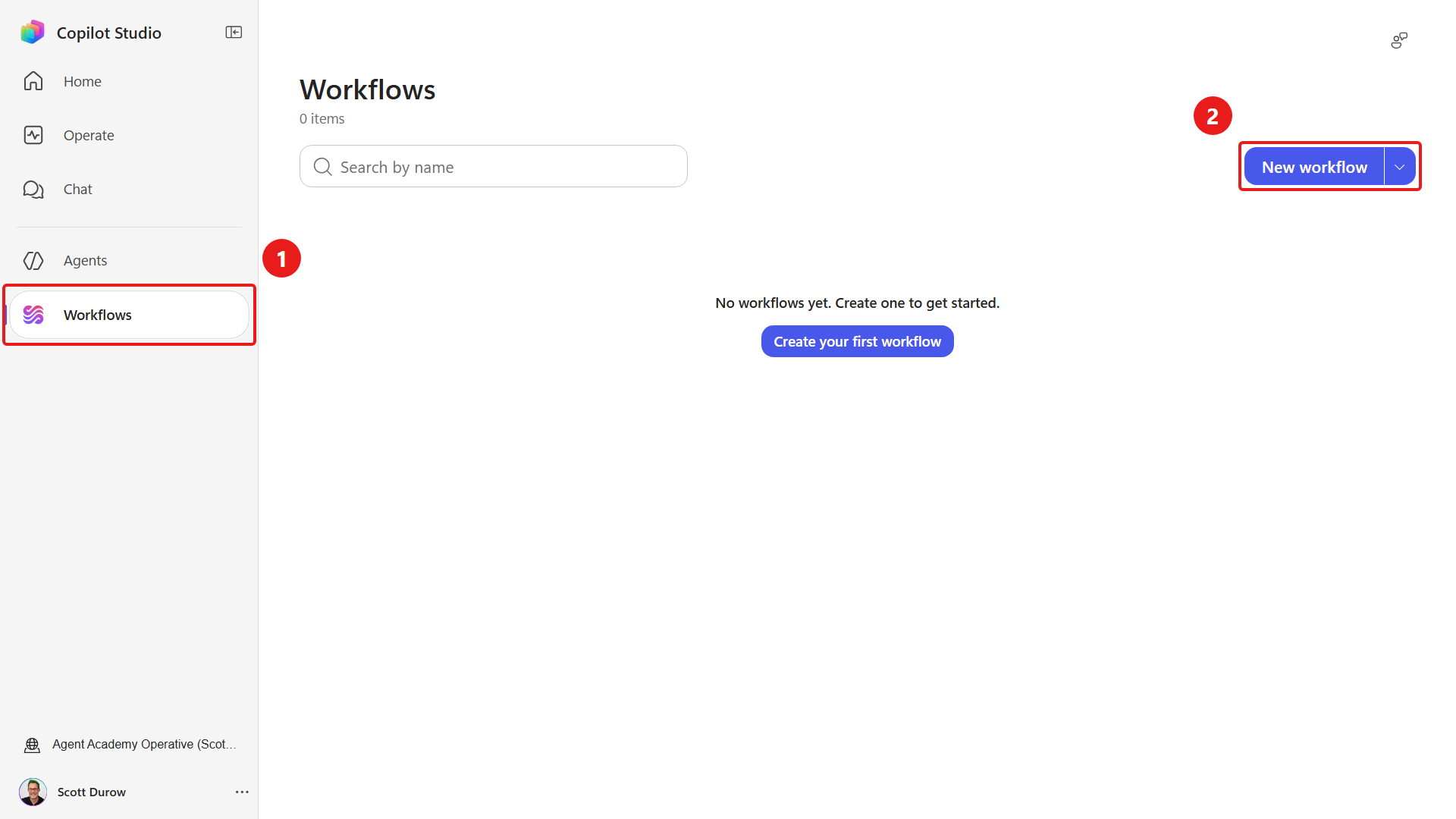 Workflows area open in the left navigation