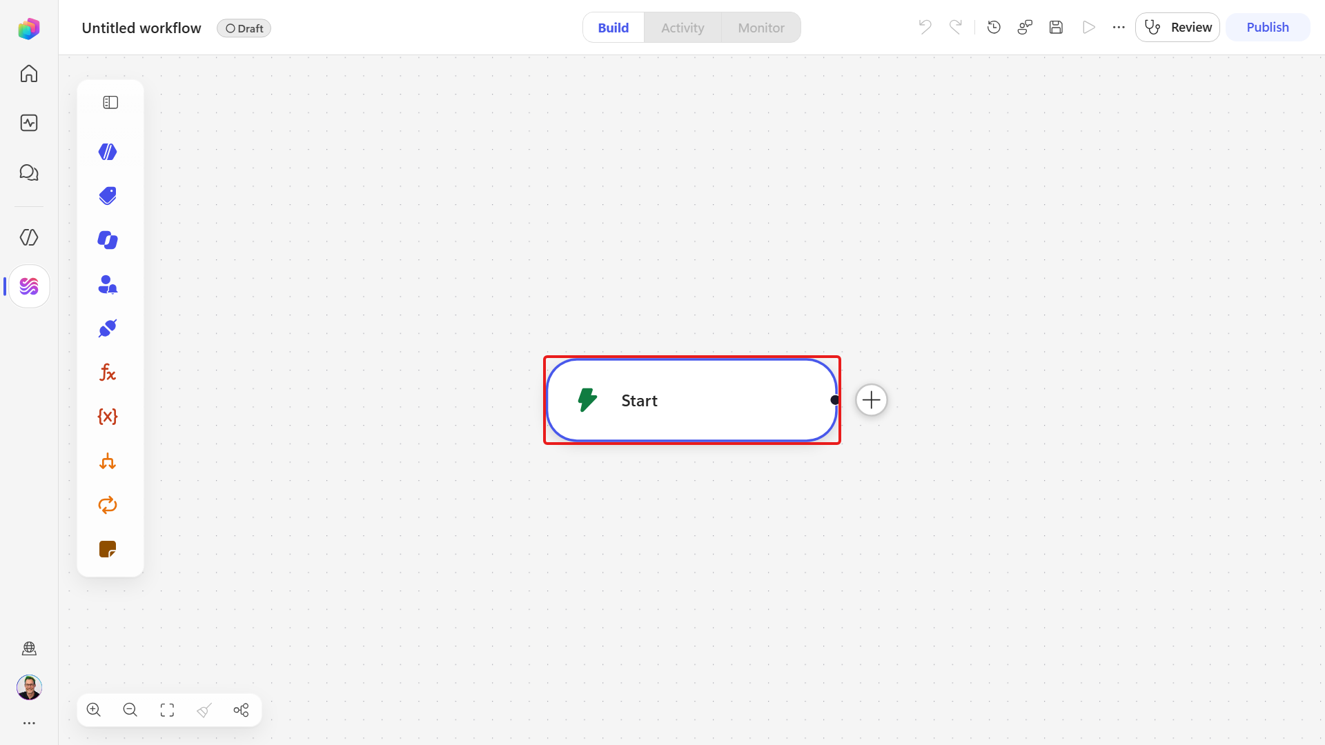 New workflow canvas with one Start node