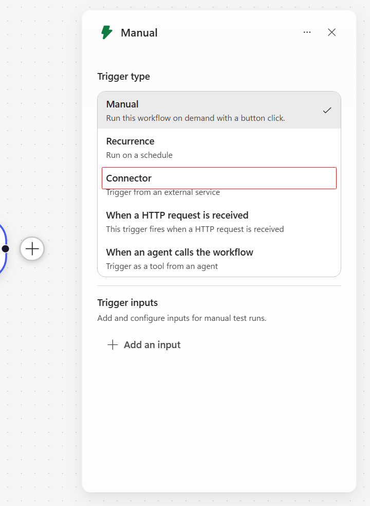 The five trigger types listed with Connector highlighted