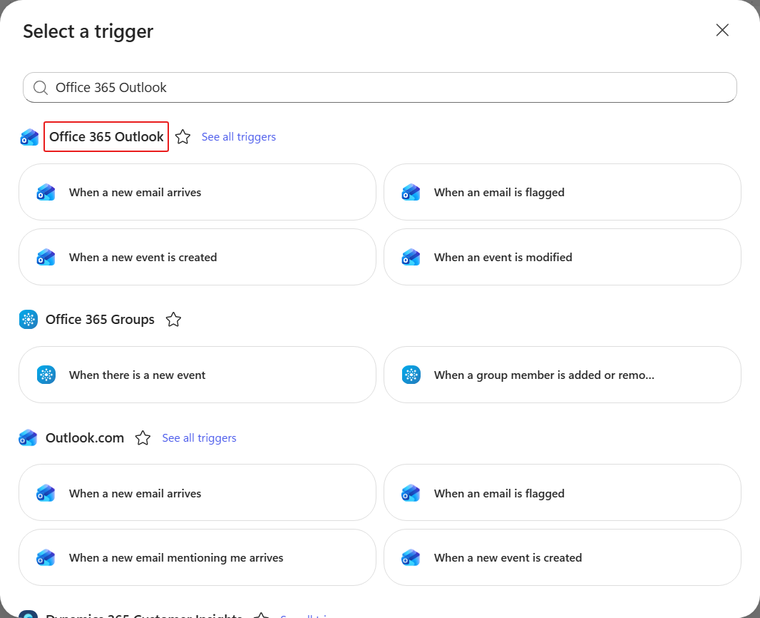 Select a trigger dialog searched for Office 365 Outlook