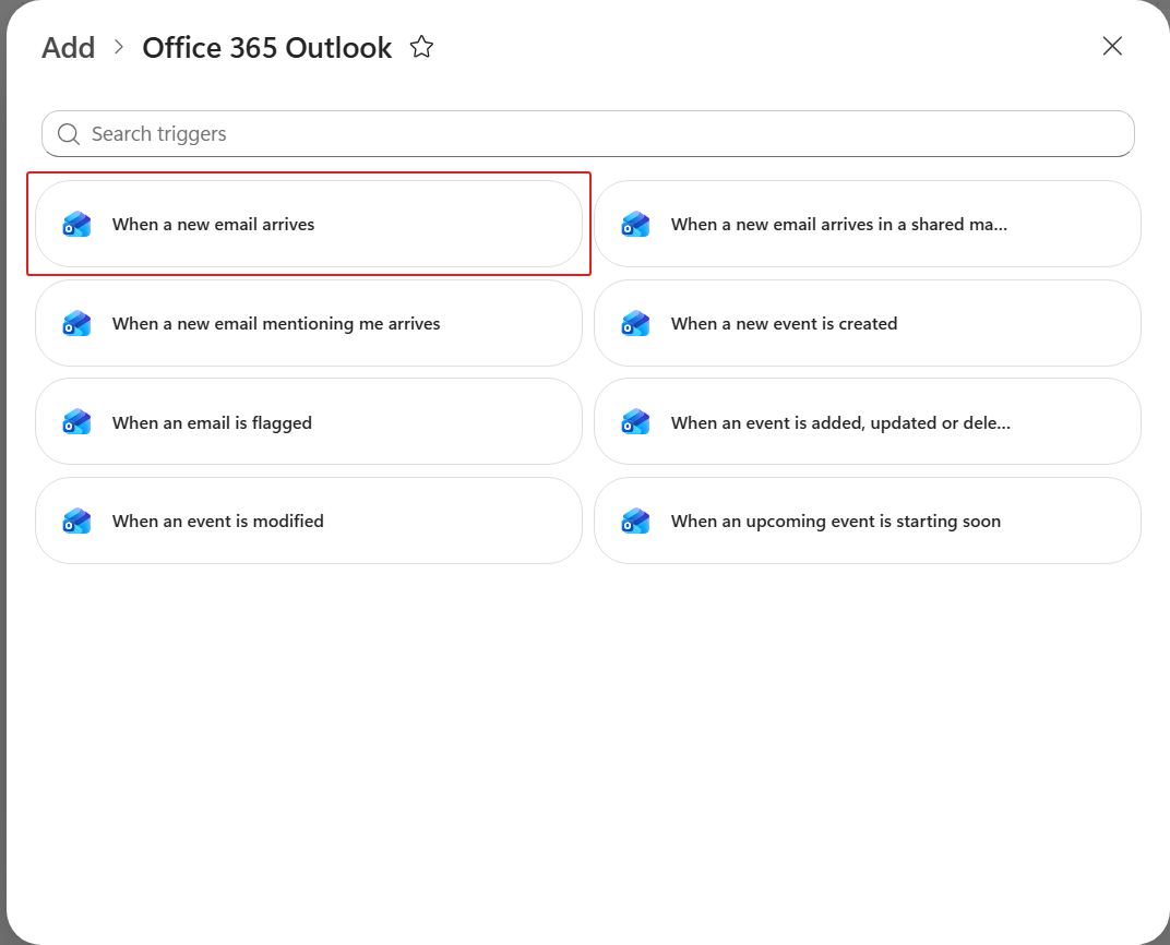All eight Office 365 Outlook triggers listed