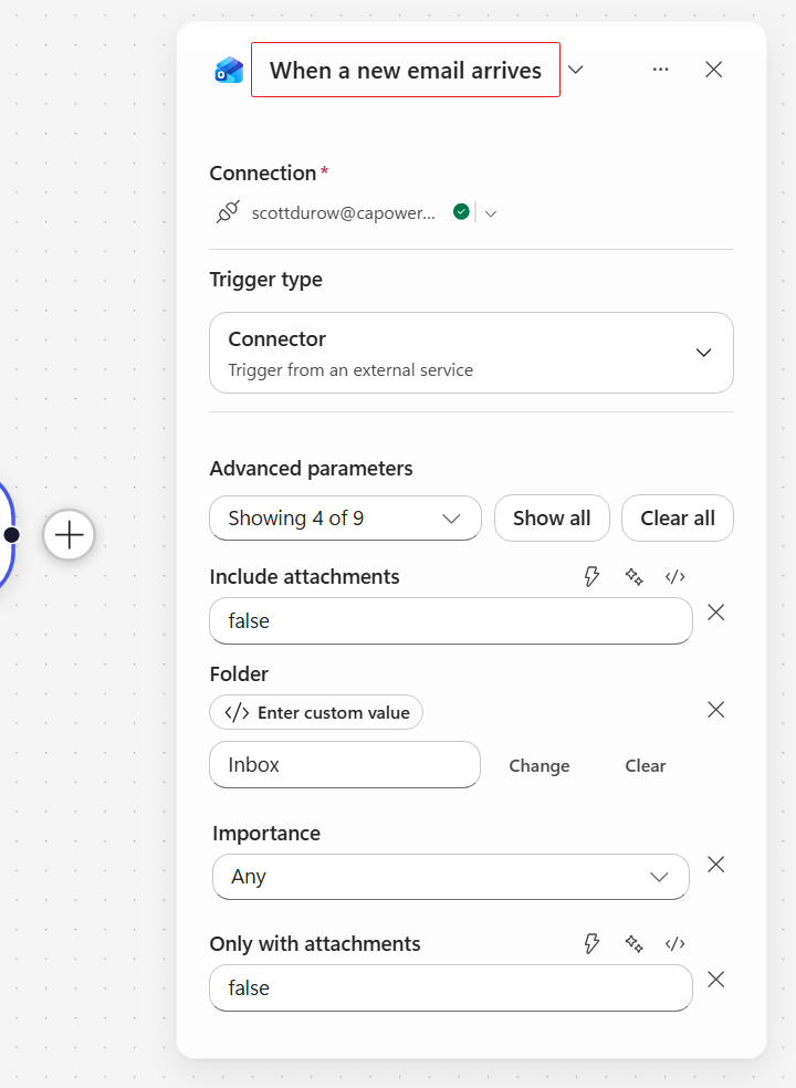 Panel naming the Outlook new email trigger