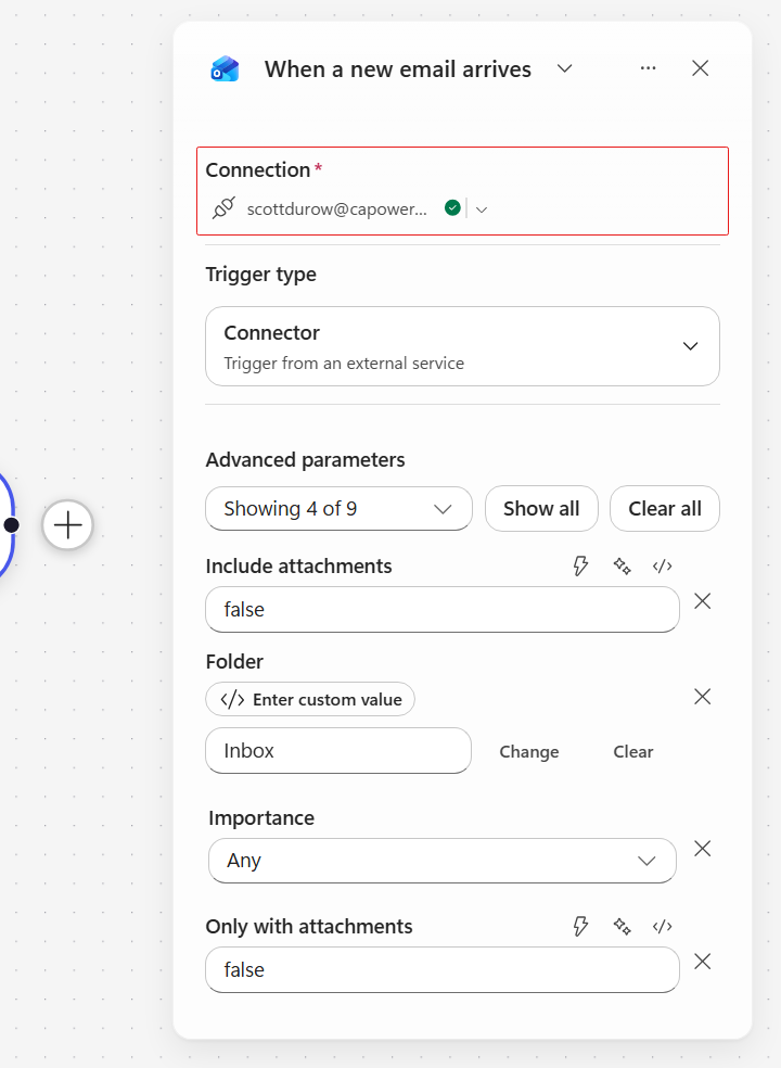 The trigger Connection box showing your signed-in account